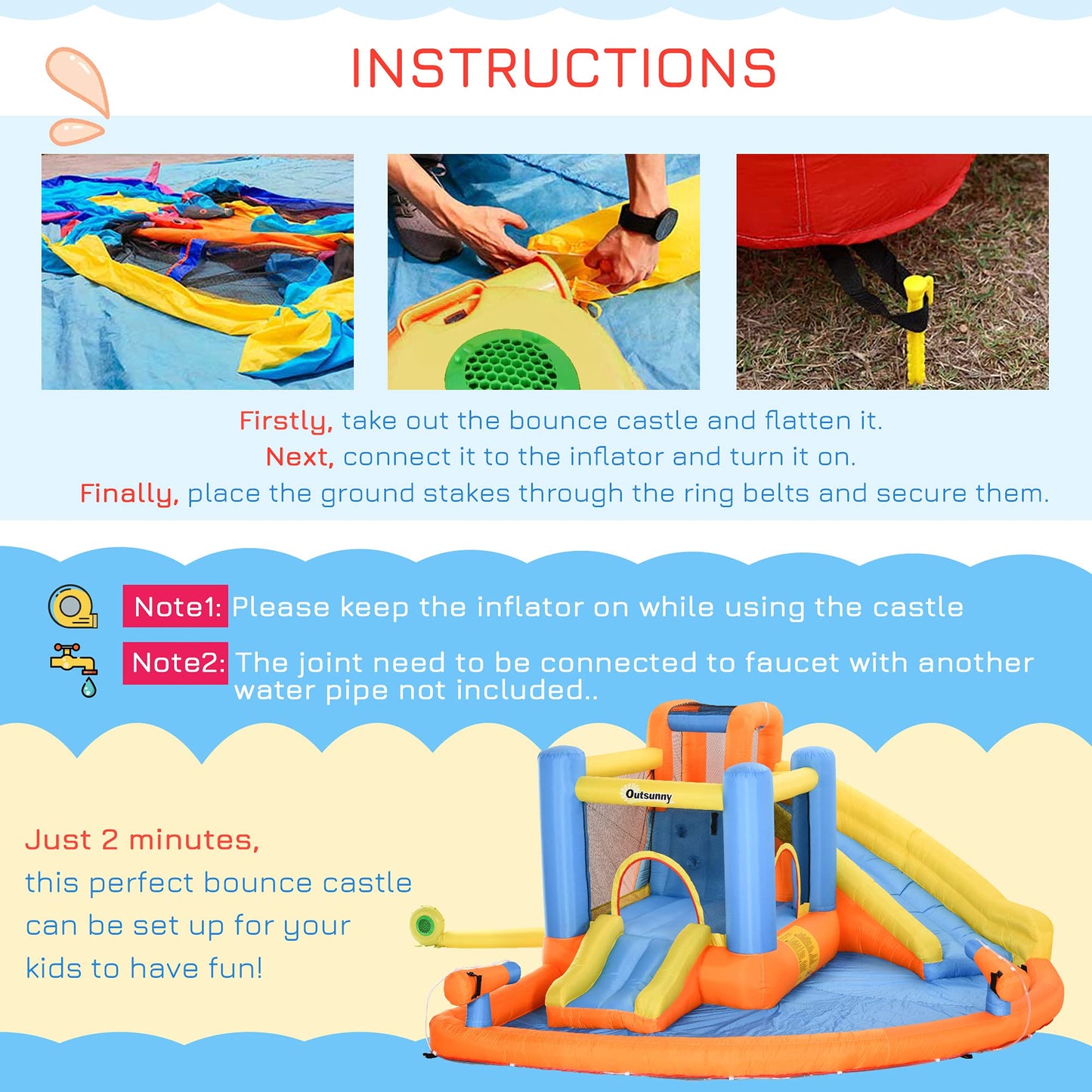 Outsunny Kids Inflatable Water Slide 5-in-1 Bounce House Water Park Jumping Castle with Water Pool, Slide, Climbing Walls, & 2 Water Cannons, 450W Air Blower