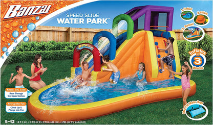 BANZAI Speed Slide Water Park, Length: 14 ft 7 in, Width: 9 ft 6 in, Height: 8 ft, Inflatable Outdoor Backyard Water Slide Splash Bounce Climbing Toy