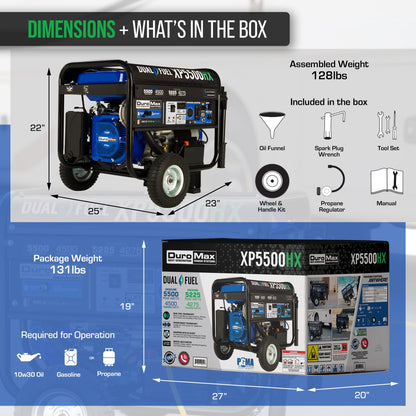 DuroMax XP5500HX Générateur portable double carburant - 5 500 W - Démarrage électrique alimenté au gaz ou au propane avec alerte CO, approuvé par 50 États - Bleu 5 500 W double carburant 