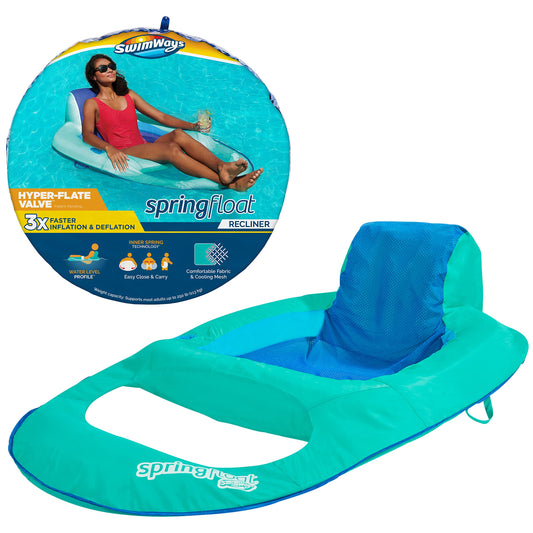 SwimWays Spring Float Recliner Pool Lounge Chair with Hyper-Flate Valve, Aqua Aqua Recliner