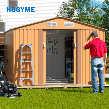 HOGYME 10.5' x 9.1' Storage Shed Large Metal Shed, Sheds &Outdoor Storage Clearance Suitable for Garden Tool Bike Lawn Mower Ladder, Utility Tool House w/Lockable/Sliding Door, 4 Vents, Coffee 9.1x10.5