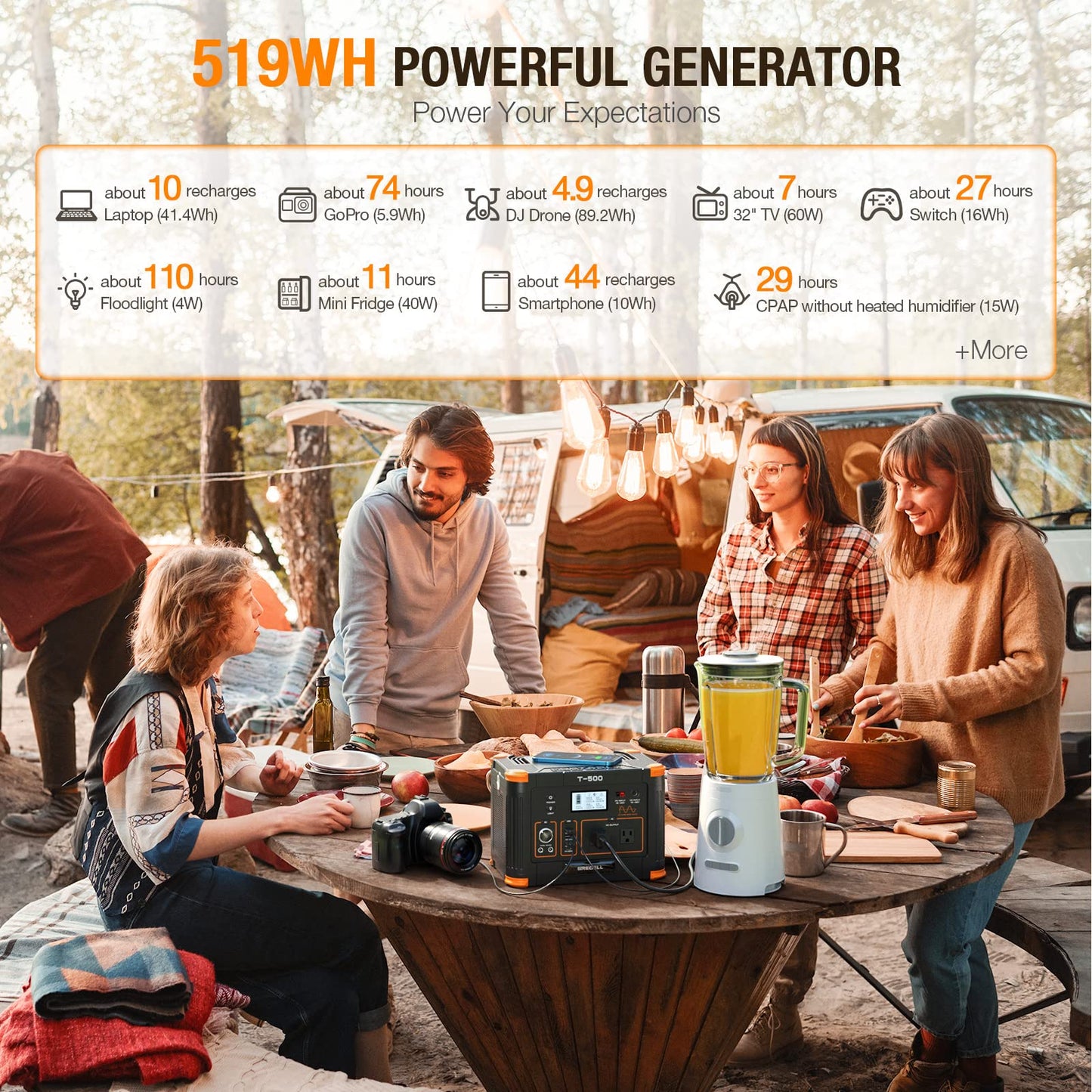 GRECELL T-500 Portable Power Station 500W, 519Wh/140400mAh Solar Generator