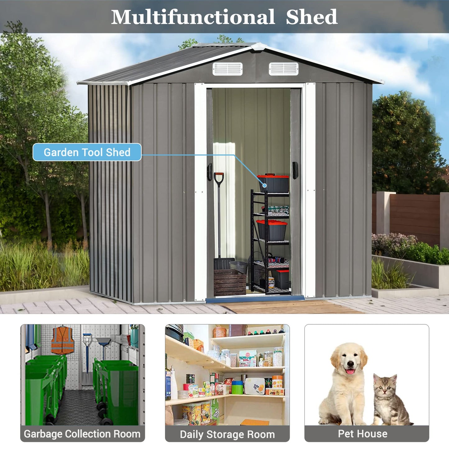 Evedy Metal Storage Shed Organizer,Patio 6ft x4ft Bike Shed Garden Shed, Metal Storage Shed with Adjustable Shelf & Lockable Door,Tool Cabinet with Vents and Foundation for Backyard, Lawn,Garden,Gray 6ft x4ft Sheds & Outdoor Storage Gray B