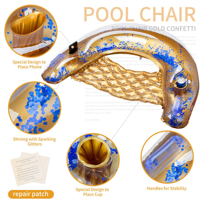 Triumpeek Chaise Flotteur de Piscine Gonflable, Flotteurs de Salon d'eau pour Adultes avec Porte-gobelet et Dossier, Fauteuil Tube Flottant avec Paillettes Scintillantes pour Piscine Summer Party Doré