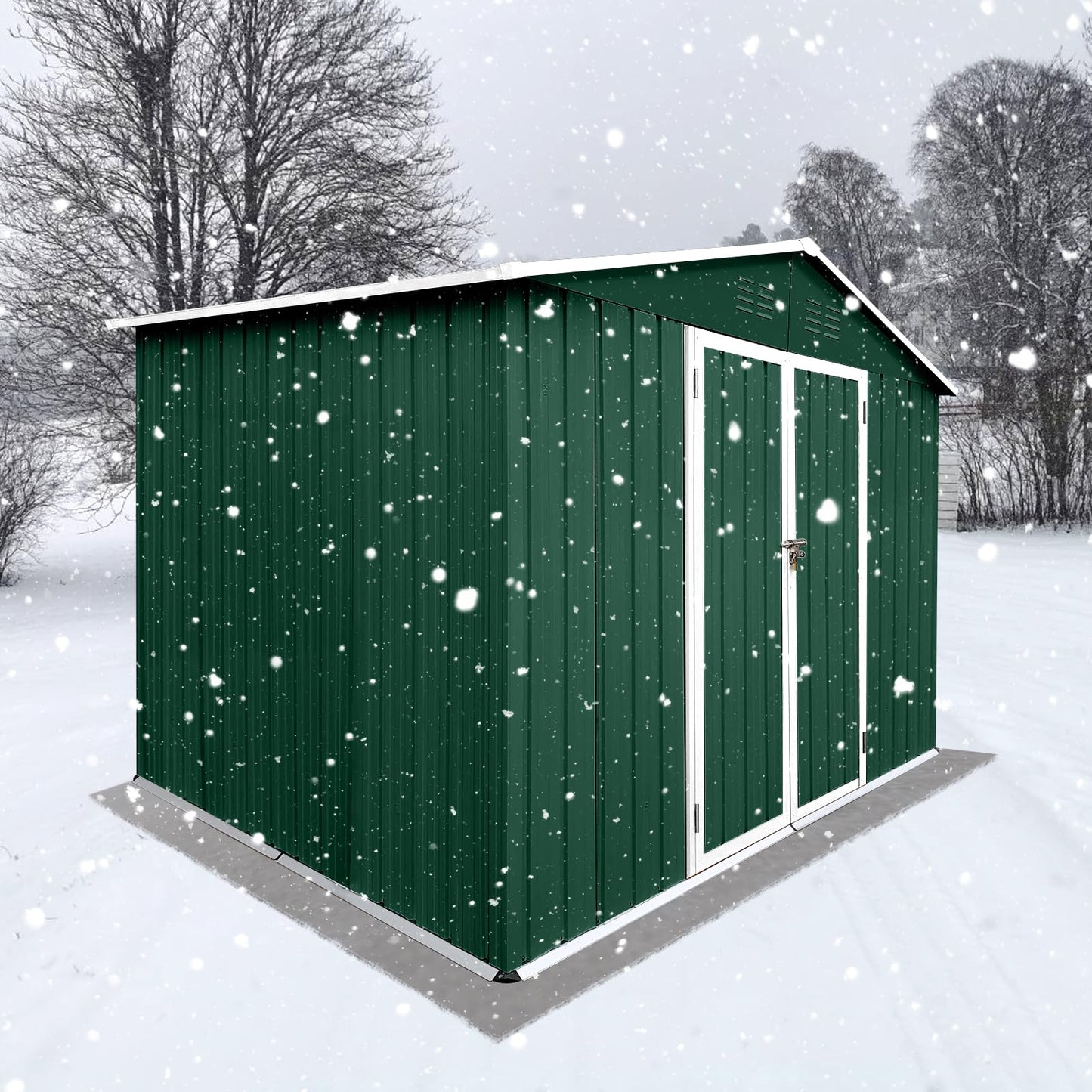 EMKK 8x6 FT Outdoor Storage Shed, Garden Tool Storage Shed with Sloping Roof and Lockable Door, Metal Garden Sheds Outdoor Shed Galvanized Steel Shed, Outside Storage House for Backyard Garden Patio C-Green White 8 x 6 FT Storage Sheds