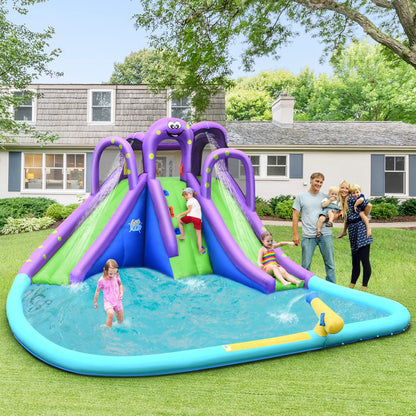 BOUNTECH Toboggan aquatique gonflable, parc de toboggans aquatiques géants pour s'amuser en plein air avec 2 longs toboggans, piscine à éclaboussures, ventilateur 780 W, escalade, toboggans aquatiques gonflables pour enfants et adultes