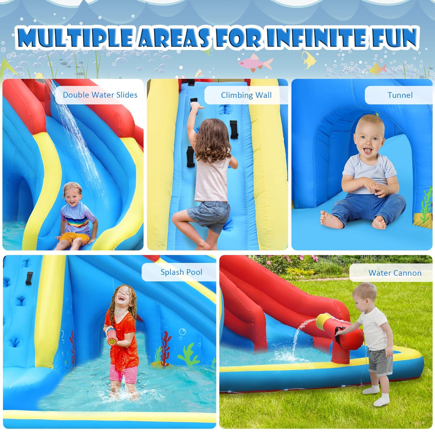 BOUNTECH Inflatable Water Slide, 7 in 1 Waterslide Park for Kids Outdoor Fun with Double Long Slide, 950w Blower, Splash Pool, Crab Theme Blow up Water Slides for Kids and Adults Backyard Party Gifts With 950W Air Blower