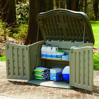 Rubbermaid Portable Outdoor Split Lid Resin Shed with Locking Lid and Impact-Resistant Floor, Olive and Sandstone