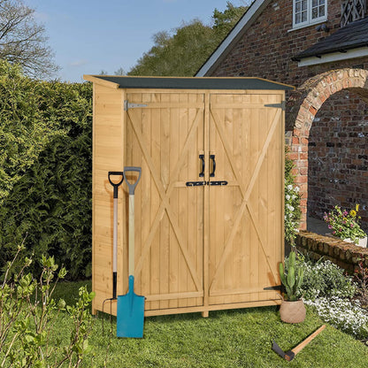 Abri de rangement extérieur avec sol, armoire de rangement en bois étanche, abri de jardin avec 3 étagères, abri vertical extérieur avec 2 portes doubles, bois de sapin, 2 serrures et poignées (naturel) 55,1 x 20 x 63,8 naturel avec 3 étagères 