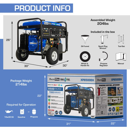 DuroMax XP8500EH Générateur portable bicarburant - 8 500 watts alimenté au gaz ou au propane avec démarrage électrique 