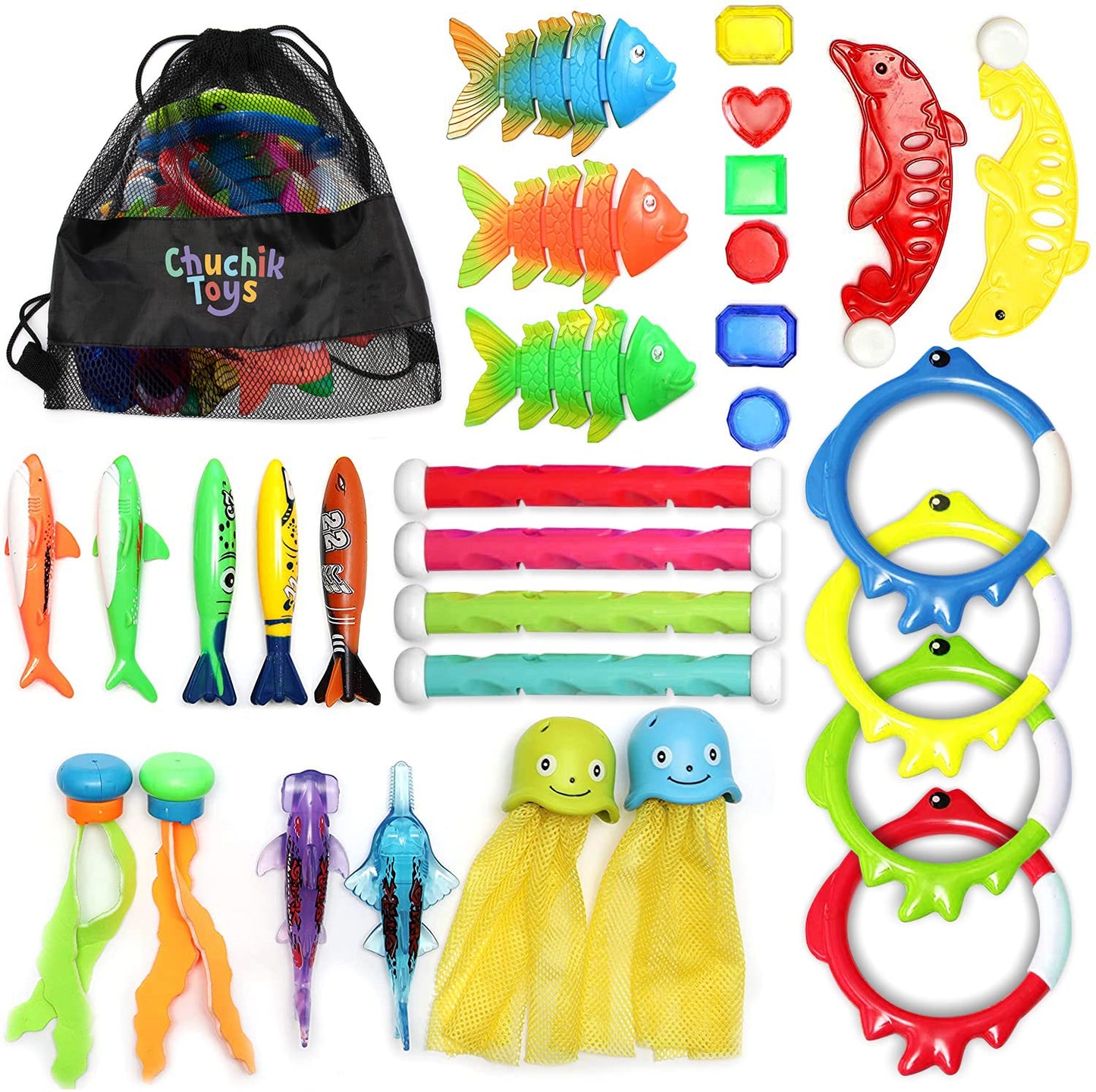 Lot de 30 jouets de plongée Chuchik, jouets de piscine pour enfants comprenant 4 bâtons de plongée, 4 anneaux de plongée, 6 trésors de pirates, 3 bandits Toypedo, 9 jouets de poisson, 4 pieuvres - jouets aquatiques avec un sac de rangement en filet