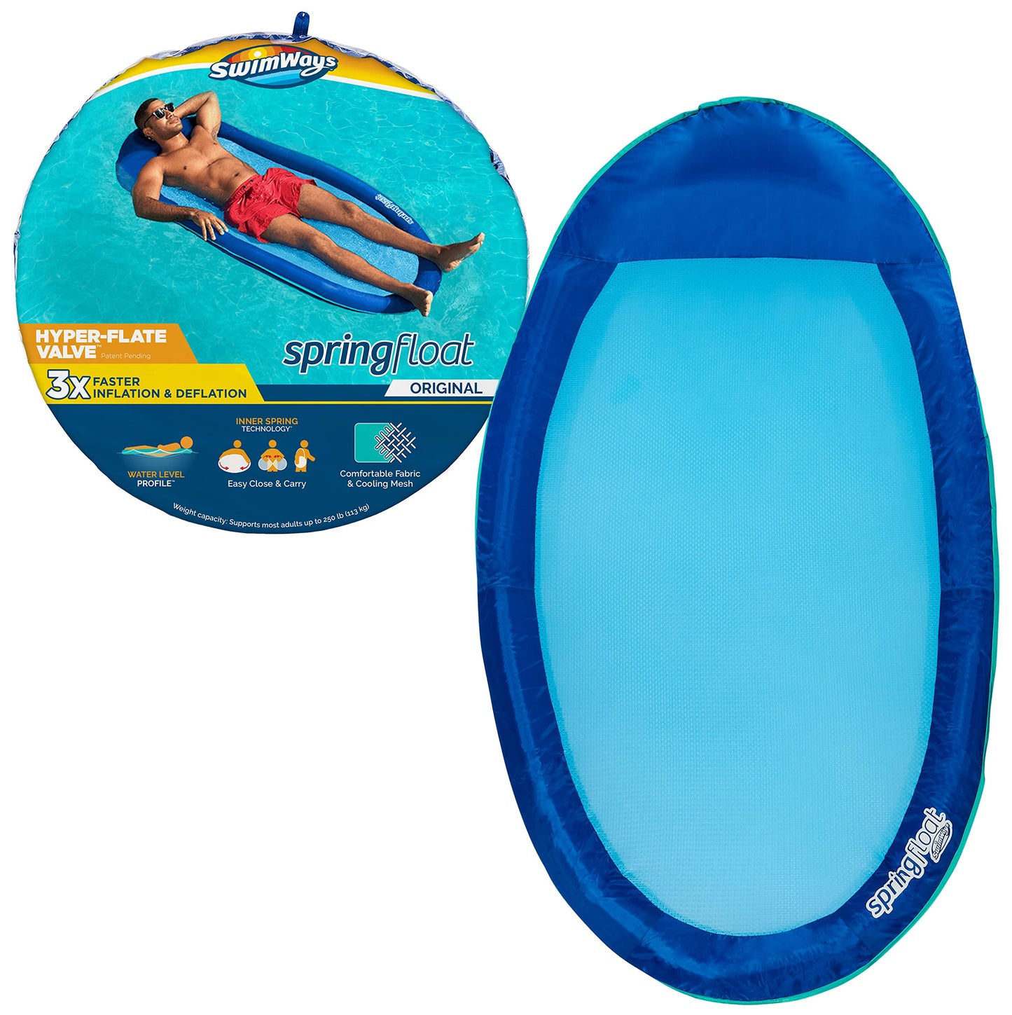 SwimWays Spring Float Original Pool Lounge Chair with Hyper-Flate Valve, Blue