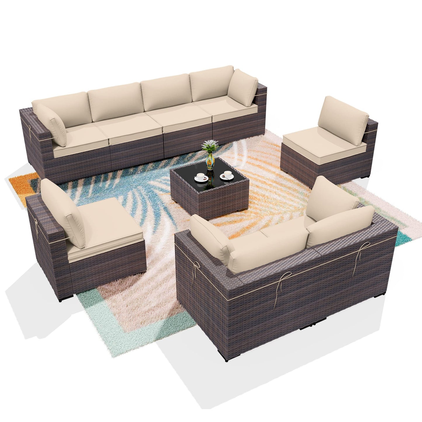 ALAULM 9 Pieces Sectional Sofa Sets, Outdoor Patio Furniture Set - Sand