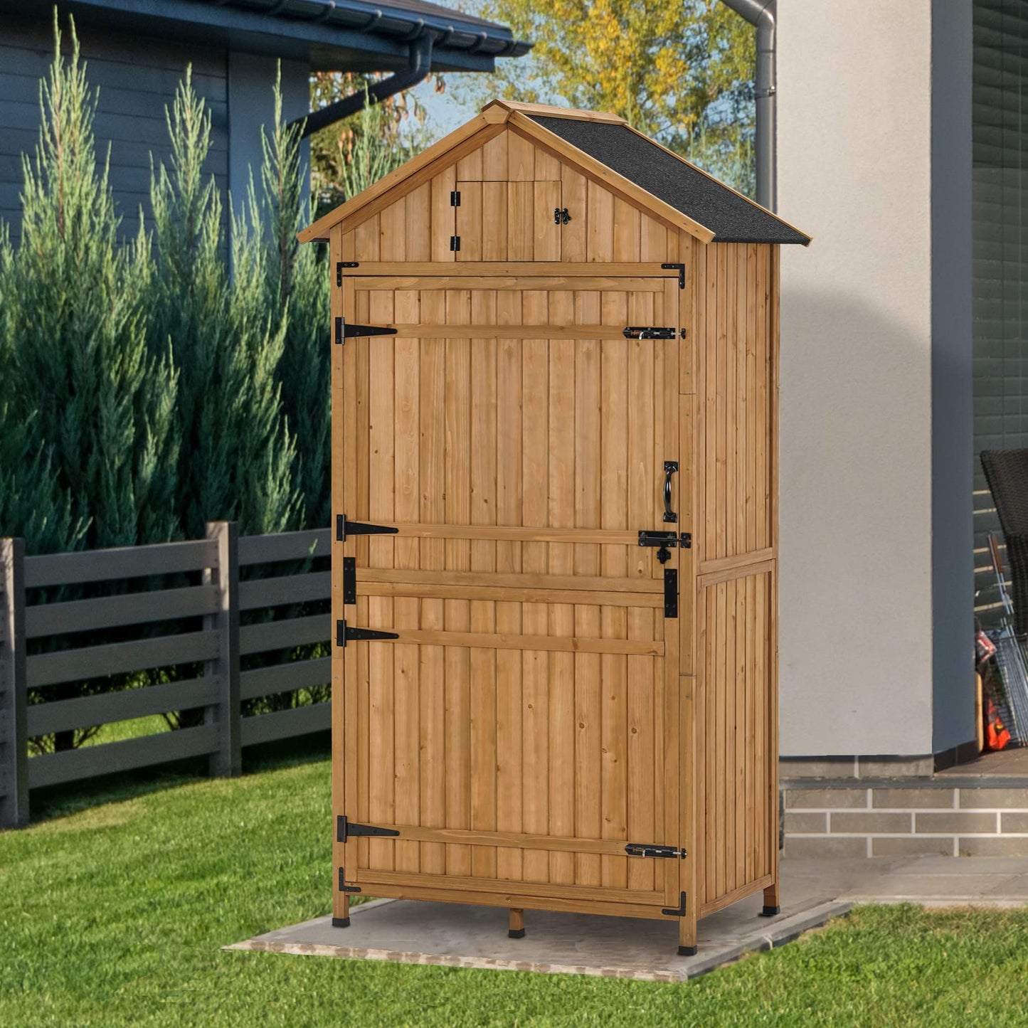 MCombo Large Outdoor Storage Shed with Adjustable Shelves, Outdoor Storage Cabinet with Lock, Wood Garden Tool Shed for Outside, Backyard and Patio (38x24x82 inch) 6056-1970 (Natural)