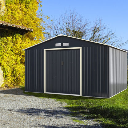 Goplus Abri de rangement en métal 11' X 10' Organisateur de bâtiment extérieur avec 4 aérations et double porte coulissante pour jardin, arrière-cour, ferme (11' X 10') 11' X 10' 