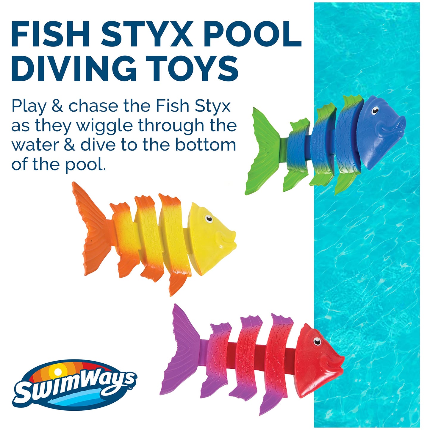 SwimWays Fish Styx Jouets de plongée en forme de poisson pour enfants (lot de 3), jouets de bain et fournitures de fête à la piscine pour enfants de 5 ans et plus Fish Styx Diving Toy-3 Pack