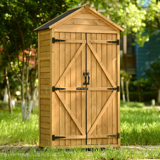 Outdoor Storage Shed with Floor, Wooden Storage Cabinet Waterproof, Garden Tool Shed with 3-Tier Shelves, Outside Vertical Shed with 2 Double Doors & Adjustable Legs, Fir Wood, Lockable (Natural) 35.4 x 22.4 x 69.3 Natural with 3 Tier Shelves & 2 Door