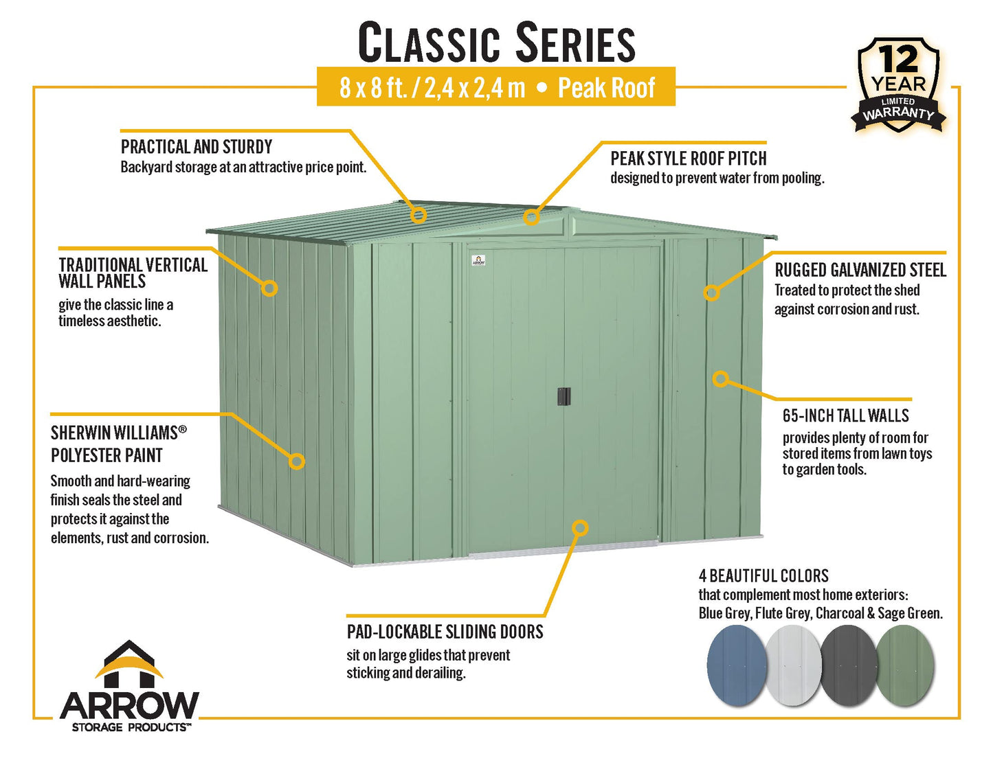 Arrow Shed Classic 8' x 8' Hangar de rangement extérieur cadenassable en acier, gris flûte 8' x 8' 