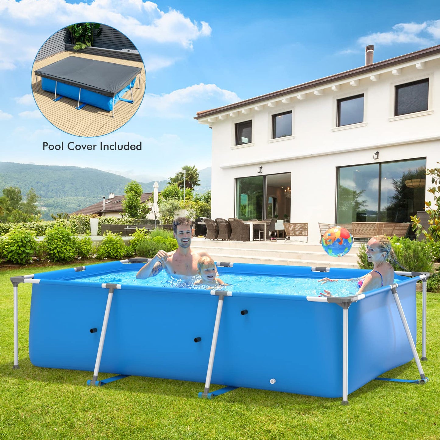 Goplus Frame Swimming Pool, 10ft x 6.7ft x 30in Rectangular Above Ground Pools W/Steel Frame, Pool Cover, Easy Setup & Drainage, Family Pool for Backyard, Garden,Patio, Balcony (Blue) Blue