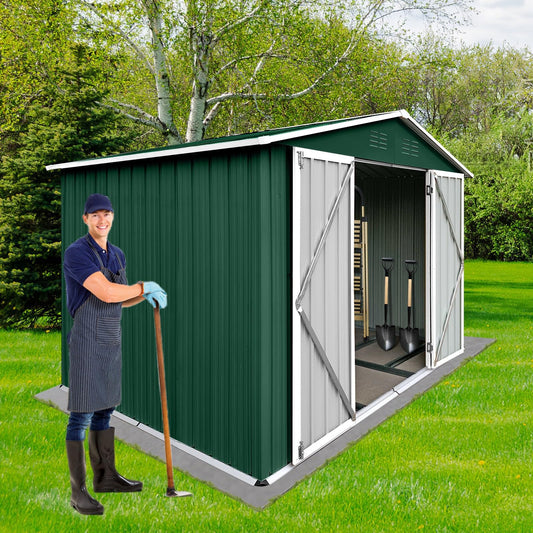 DHPM Metal Outdoor Storage Shed 8FT x 6FT, Steel Utility Tool Shed Storage House with Door & Lock, Metal Sheds Outdoor Storage for Backyard Garden Patio Lawn, Grey Gray-6ftx8ft