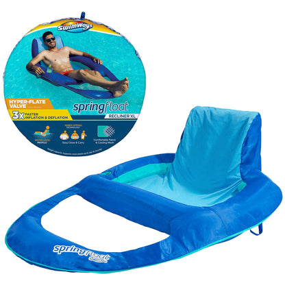 SwimWays Spring Float XL Chaise longue de piscine inclinable avec valve hyper plate, 25 % plus grande que le fauteuil inclinable Spring Float, Bleu