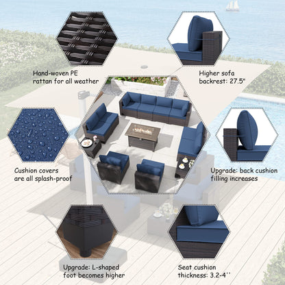 ALAULM 13 Pieces Patio Furniture Set with Fire Pit Table Outdoor Sectional Sofa Sets Outdoor Furniture - Dark Blue