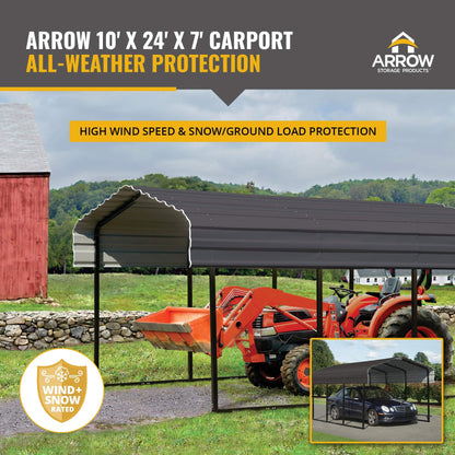 Arrow CPHC102407 Abri multi-usage en acier galvanisé robuste, abat-jour, abri d'auto, 10' x 24' x 7', abri d'auto uniquement, charbon de bois 10' x 24' x 7' 