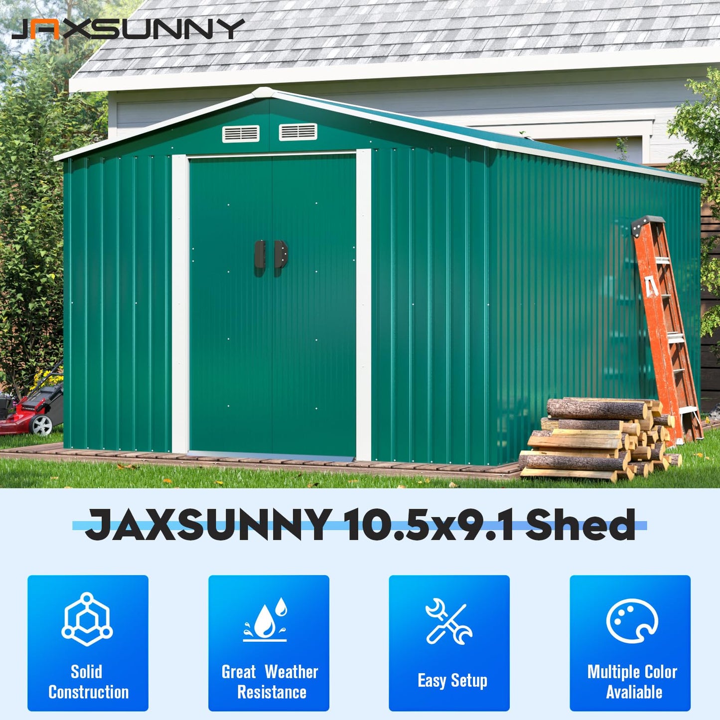 JAXSUNNY 10.5x9.1FT Outdoor Storage Shed, Large Metal Tool Sheds & Outdoor Storage with 4 Air Vents for Backyard Garden Patio Lawn, Green 10.5x9.1