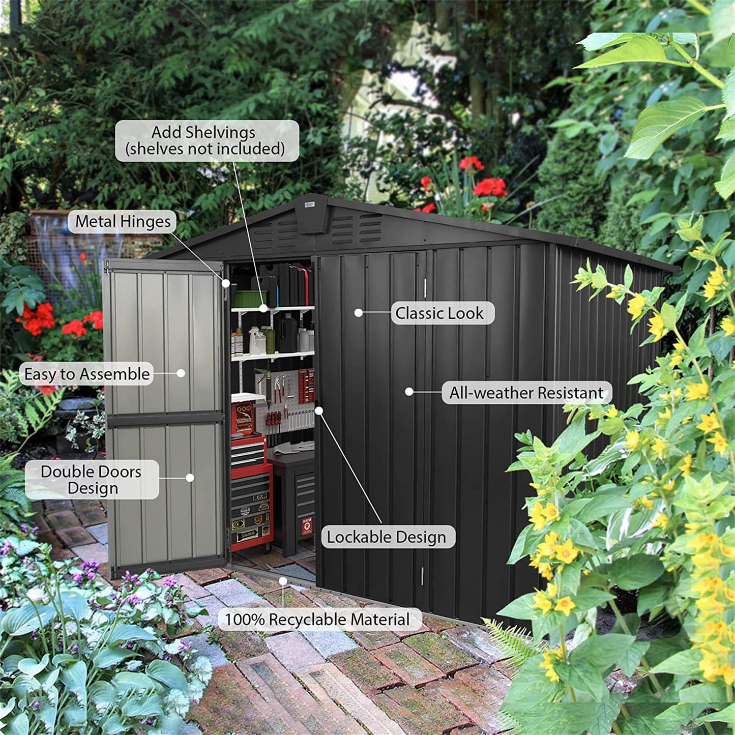 GLANZEND Abri de rangement extérieur en métal de 8 pi x 6 pi, abri de jardin avec porte verrouillable et aérations, grande armoire de rangement d'outils en acier galvanisé, étanche pour jardin, patio, pelouse, noir 8 x 6 pieds 