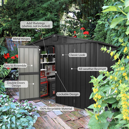 GLANZEND Abri de rangement extérieur en métal de 8 pi x 6 pi, abri de jardin avec porte verrouillable et aérations, grande armoire de rangement d'outils en acier galvanisé, étanche pour jardin, patio, pelouse, noir 8 x 6 pieds 