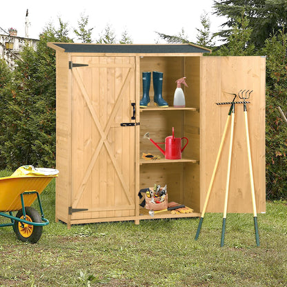 Armoire de rangement extérieure en bois étanche, abri de jardin avec étagères à 3 niveaux, abri vertical extérieur avec 2 portes doubles, bois de sapin, 2 serrures et poignées, naturel 55 x 20 x 64 naturel-1 