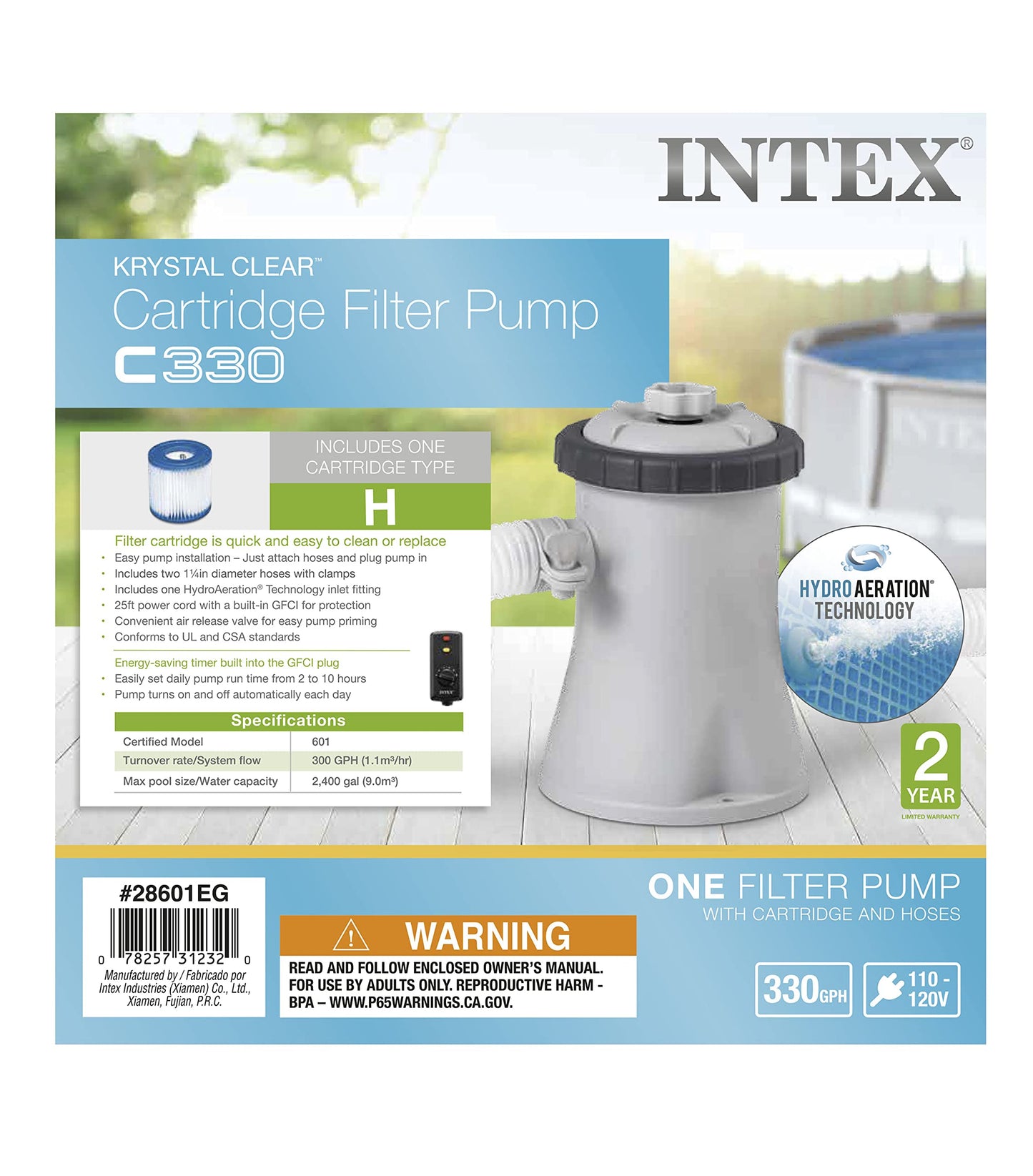 INTEX 28601EG C330 Krystal Clear Cartridge Filter Pump for Above Ground Pools, 330 GPH Pump Flow Rate 330 Gallons Per Hour