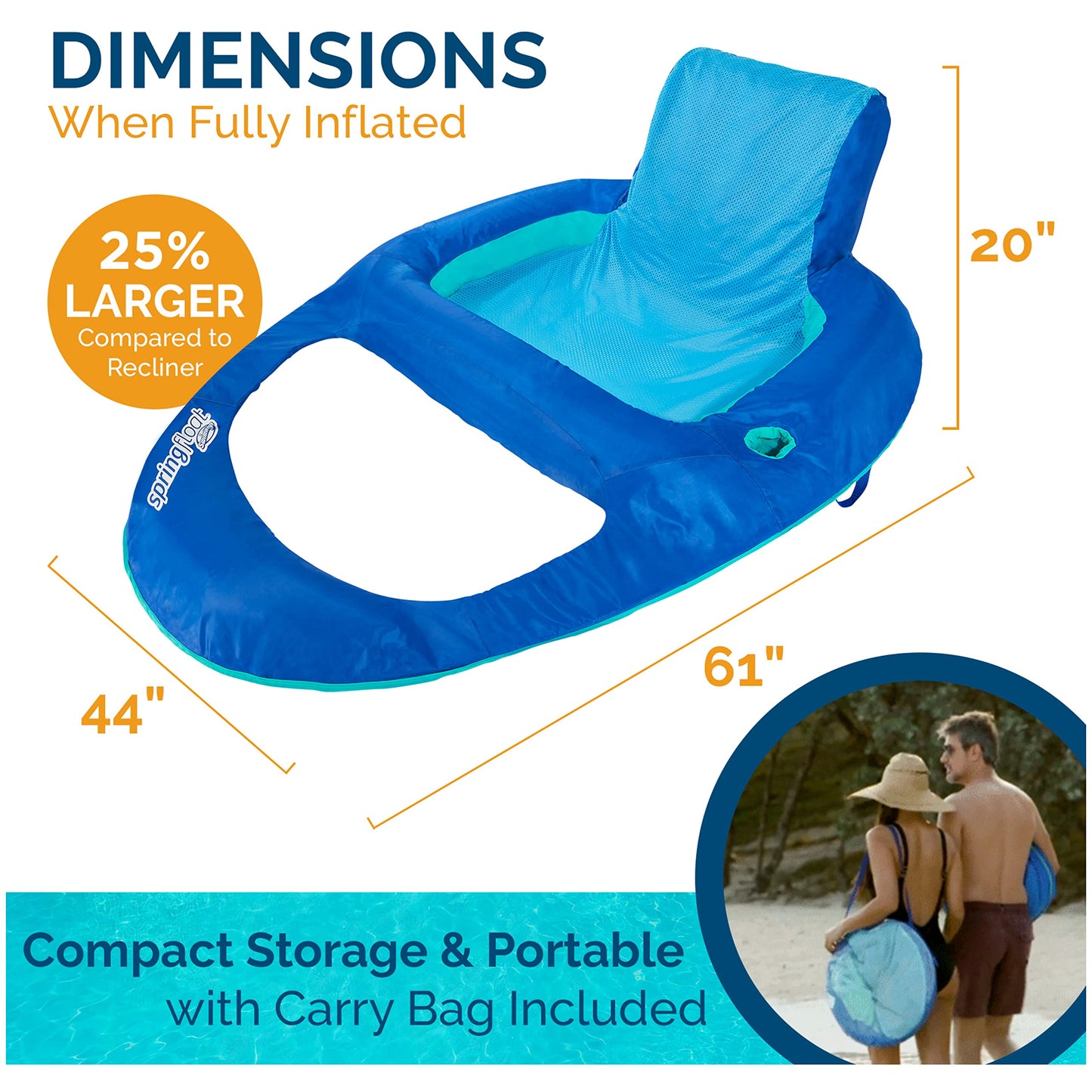 SwimWays Spring Float XL Recliner Pool Lounge Chair with Hyper-Flate Valve, 25% Larger than Spring Float Recliner, Blue