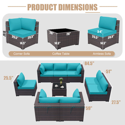 ALAULM 9 Pieces Outdoor Patio Furniture Set Sectional Sofa Sets - Blue