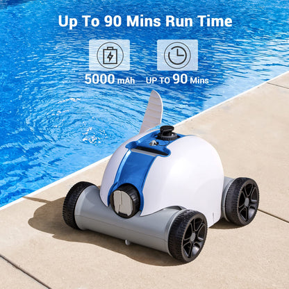 Robot nettoyeur de piscine sans fil, aspirateur de piscine automatique avec 60 à 90 minutes de temps de travail, batterie rechargeable, étanche IPX8 pour piscines hors sol/enterrées jusqu'à 861 m²