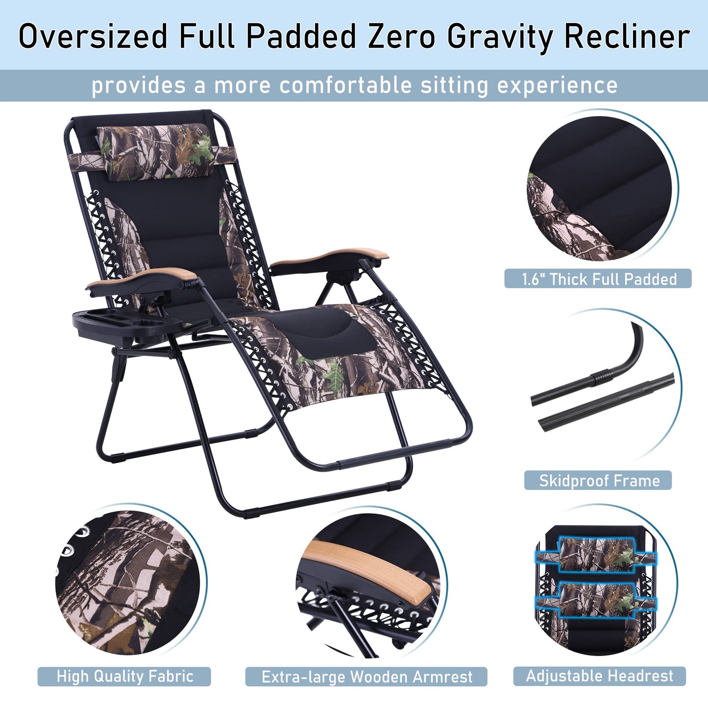 PHI VILLA Oversize XL Padded Zero Gravity Lounge Chair Family Lovers Pack with Wide Armrest Foldable Recliner, Set of 2, Support 400 LBS (Camouflage) Camouflage-oversized 2-Pack