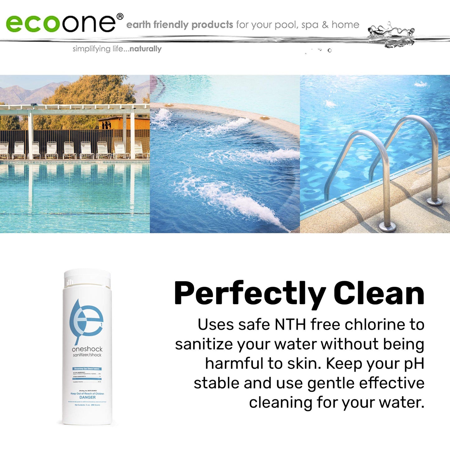 ecoone | OneShock Spa & Swimming Pool Tablets | Self-Dissolving, Pre-Measured Chlorine Shock & Sanitizer Combo | Clean, Clear & Bacteria Free Water | Swim-Safe Enzymes | Pool Maintenance | 64 Tabs