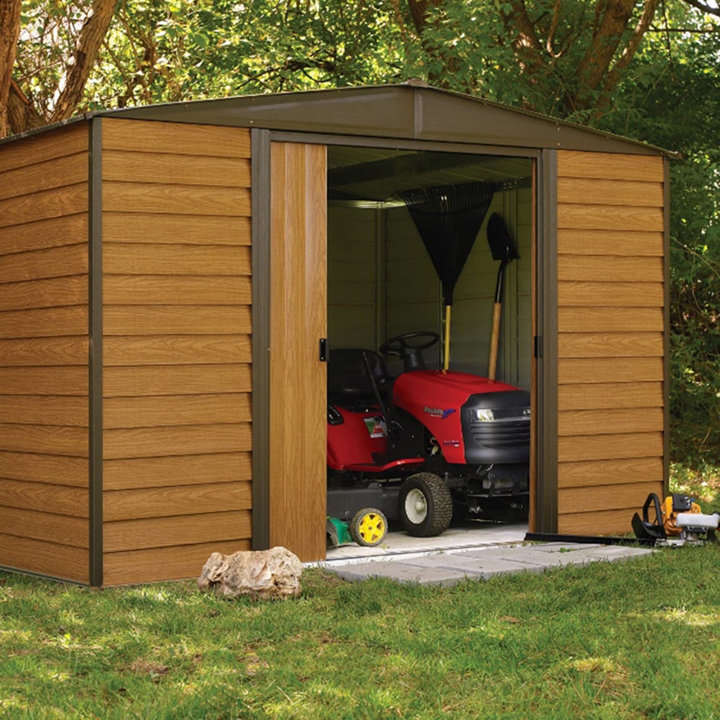 Arrow Shed WR86 Arrow Woodridge à pignon bas en acier, café/grain de bois, 2,4 x 1,8 m, hangar de rangement et cintre à outils TH100 + cintre à outils Arrow Shed TH100 