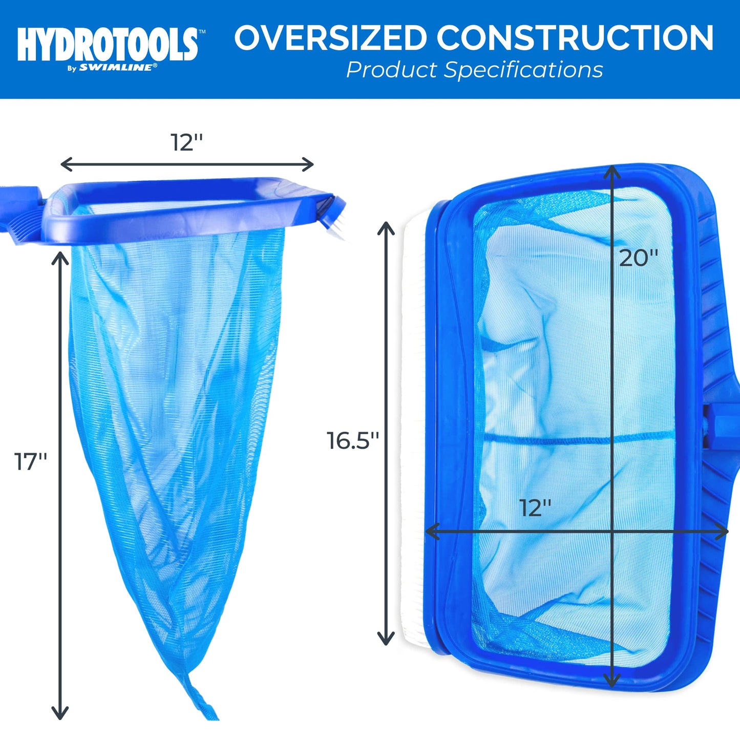 HYDROTOOLS By SWIMLINE 8041 Leaf Net For Inground Above Ground Pool Pond | Extra Large Skimmer Net Cleaning Tool Ultra Fine Deep Mesh Bag | Durable Reinforced Plastic Frame With Brush | Debris Pickup Heavy Duty W/ Brush (Molded)