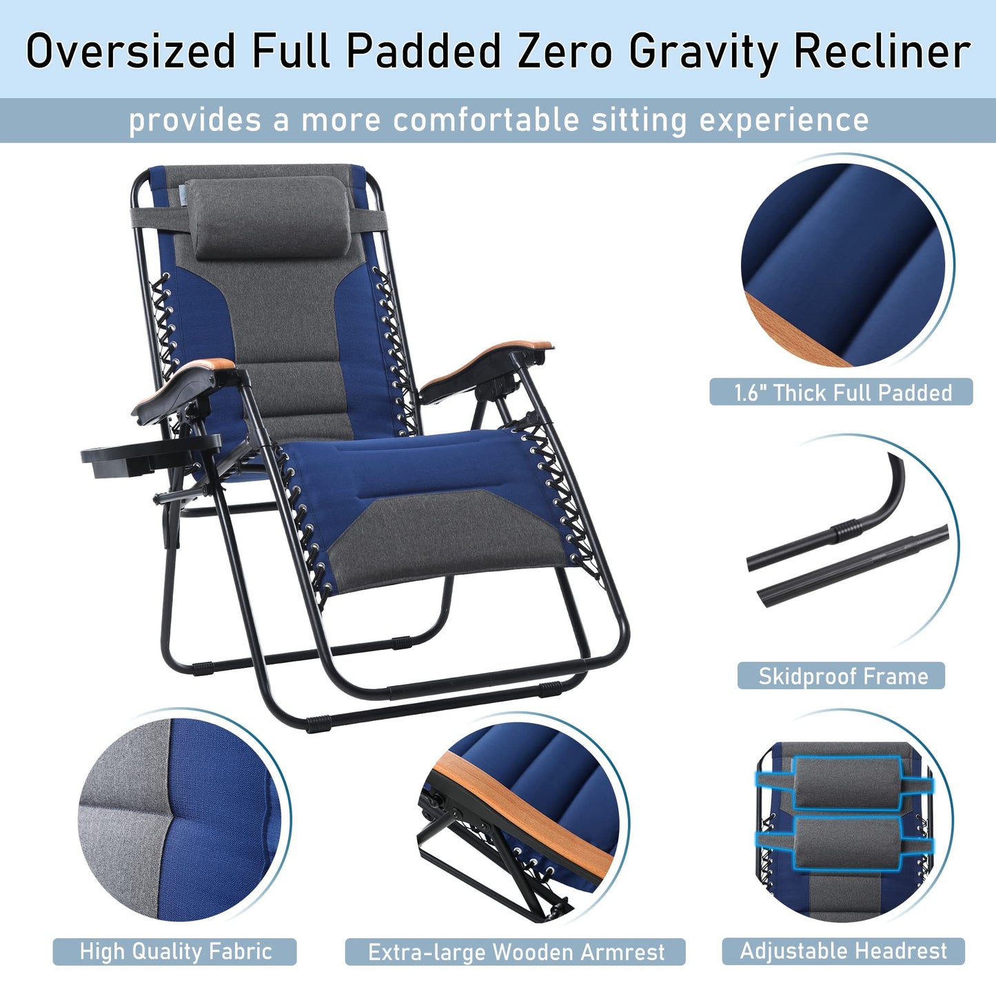 PHI VILLA Oversize XL Padded Zero Gravity Lounge Chair Family Lovers Pack with Wide Armrest Foldable Recliner, Set of 2, Support 400 LBS (Blue) Thumb Blue-oversized 2-Pack
