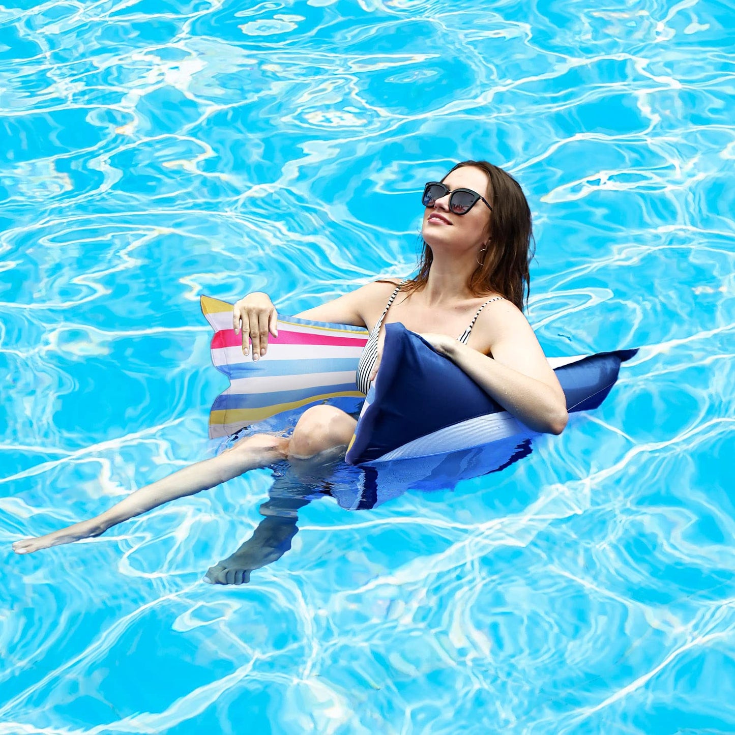 FindUWill Fabric Pool Hammock Floats, XL, 2Pack Inflatable Water Hammocks Floaties 4-in-1 (Saddle, Lounge Chair, Hammock, Drifter), Pool Float Lounger for Adults 01Rainbow&Kanagawa