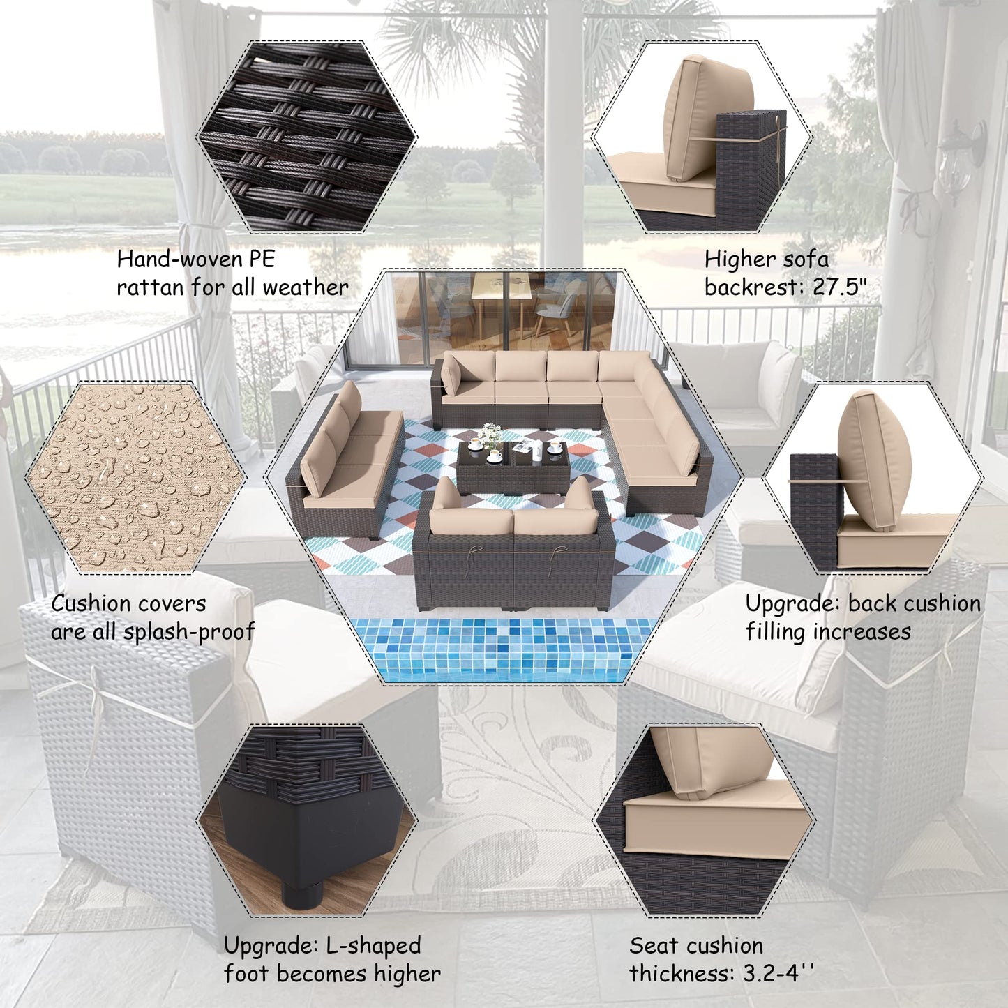 ALAULM 14 Pieces Sectional Outdoor Patio Furniture Sofa Sets - Sand