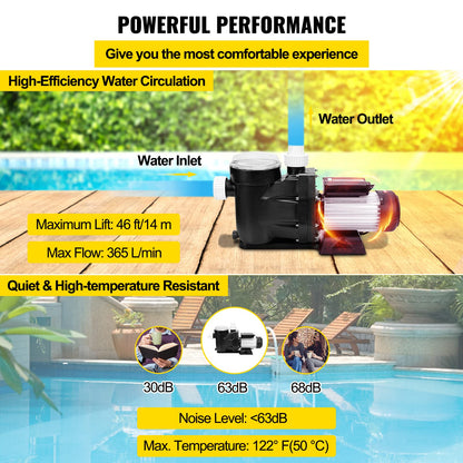 Happybuy Pompe de Piscine 1hp 110v Bain à Remous 0,75 Kw Circulation d'Eau Spa Piscine Hors Sol 1 HP