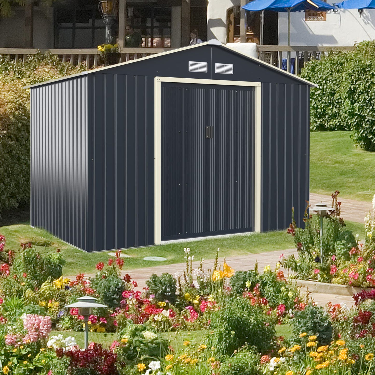 Giantex Abri de rangement extérieur avec double porte coulissante, espace de rangement de jardin en métal galvanisé, ventilation avant et arrière, abri de rangement résistant aux intempéries pour jardin, patio, pelouse (9 x 6 pieds) 9 x 6 pieds 