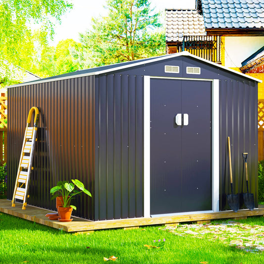 JAXPETY 9.1' x10.5' Outdoor Storage Large Shed, Galvanized Metal Shed for Garden Patio Lawn Backyard, Garden House with Lockable Double Doors and Four Vents, Gray 9.1x10.5