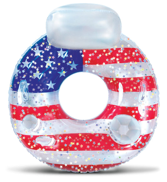 POZA Inflatable USA Pool Float - Luxurious Fun Lounger Filled with Sparkle Silver Stars Confetti, Cool USA Flag Design Water Swimming Pool Floaties for Beach, Lake & Pool USA Luxury Tube