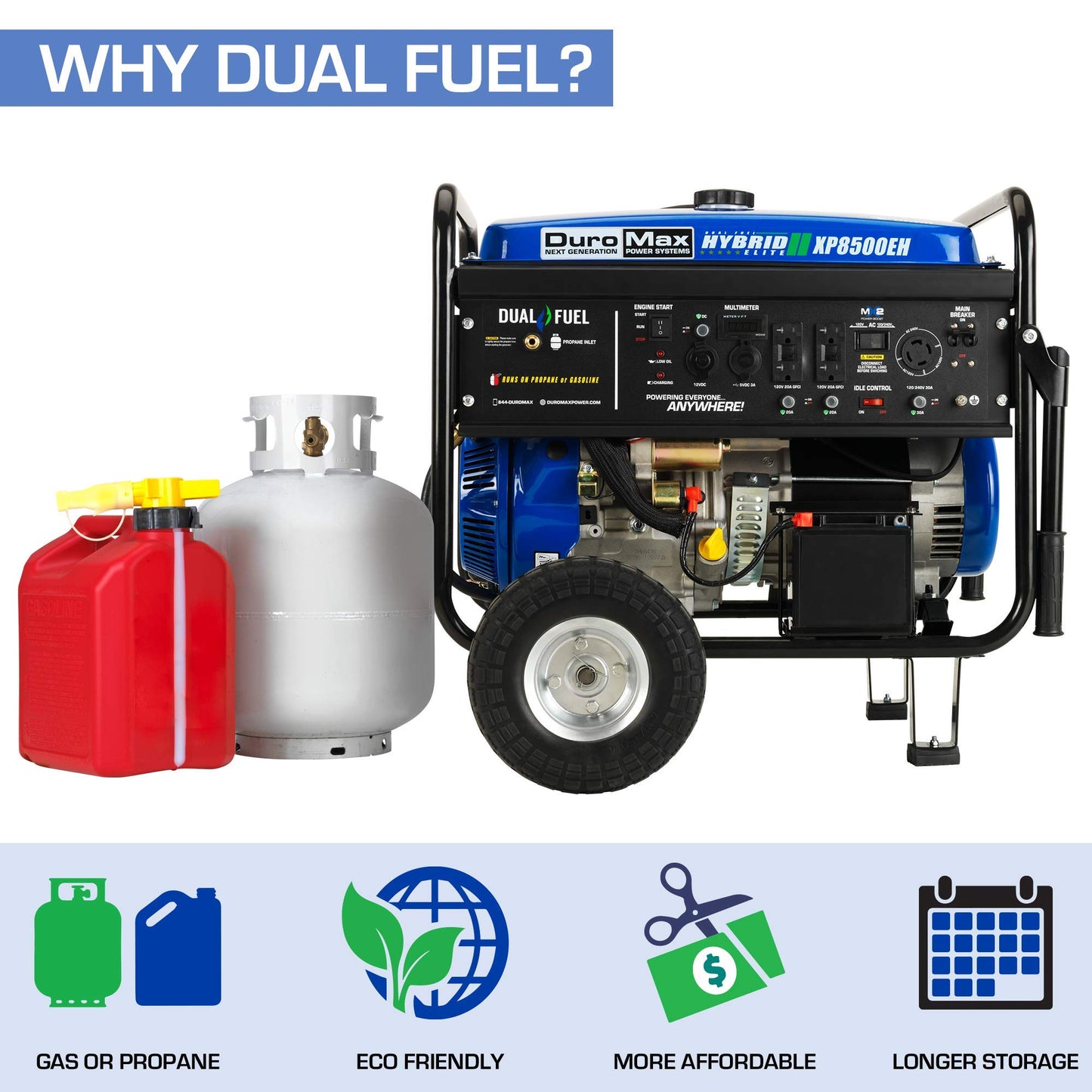 DuroMax XP8500EH Dual Fuel Portable Generator-8500 Watt Gas or Propane Powered with Electric Start