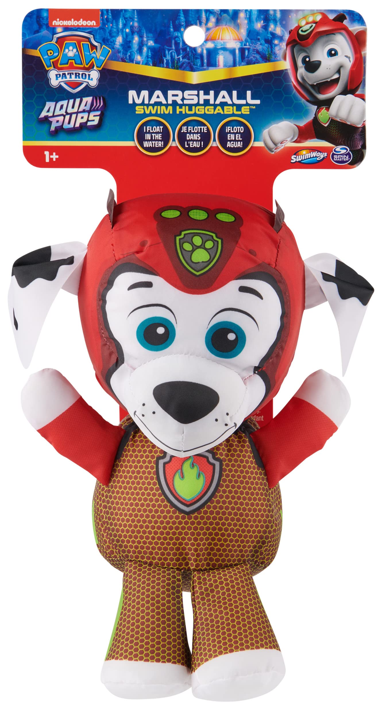 Swimways Paw Patrol AquaPups Marshall Swim Huggable, jouets Paw Patrol, jouets de bain et jouets de plage, animal flottant en peluche pour enfants à partir de 1 an