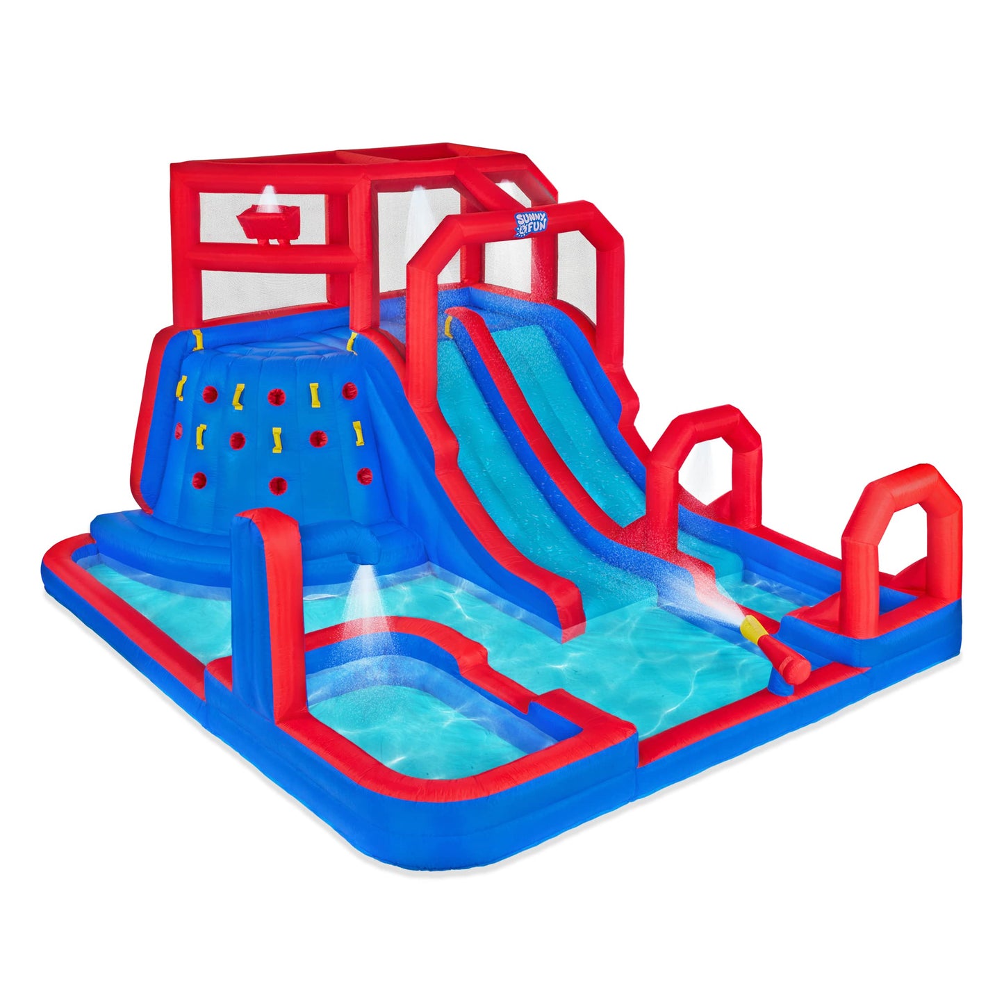 Sunny & Fun Mega Climb N’ Go Inflatable Water Slide Park – Heavy-Duty for Outdoor Fun - Climbing Wall, 2 Slides, Splash & Deep Pool – Easy to Set Up & Inflate with Included Air Pump & Carrying Case Blue/Red