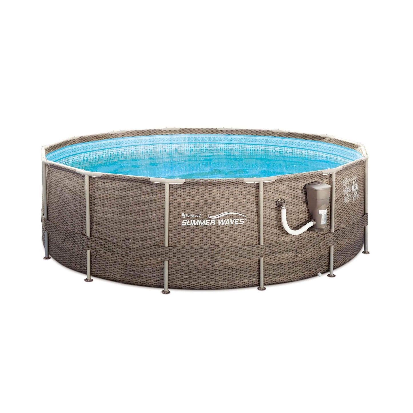 Summer Waves P20014482 14ft x 48in Outdoor Round Frame Above Ground Swimming Pool Set with Skimmer Filter Pump, Filter Cartridge, and Ladder, Brown Light Wicker/Sand